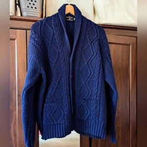 Men's Classic Aran Cardigan Dark Blue Merino Wool Sweater Cable Knit XXL